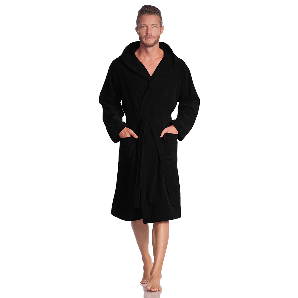 Lichtgewicht badjas, zwart met capuchon van Vossen-0