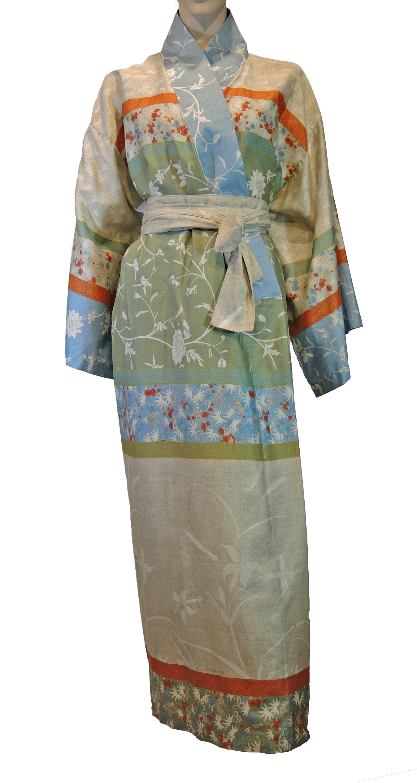 Beige kimono van Bassetti met japanse motieven in grijsblauw-0
