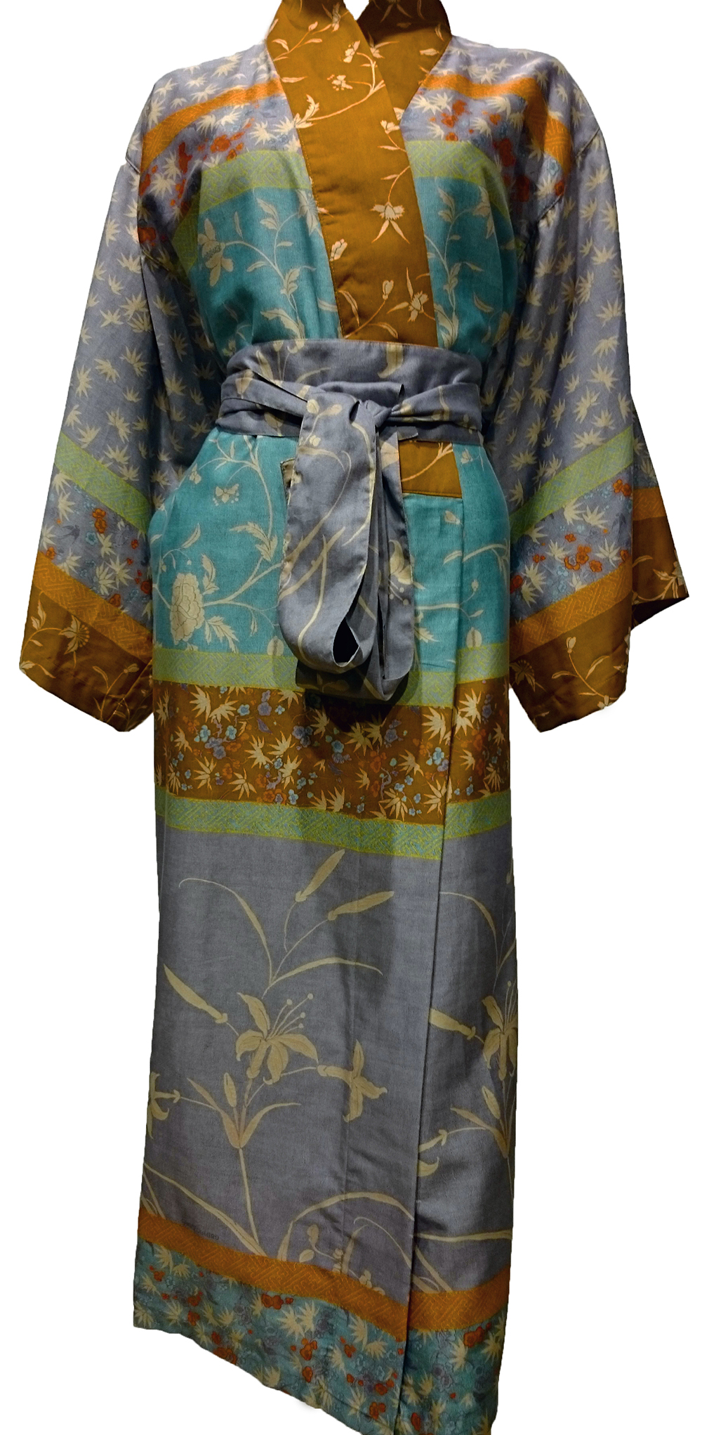 Kimono met japanse motieven in lilagrijs en turquoise-0
