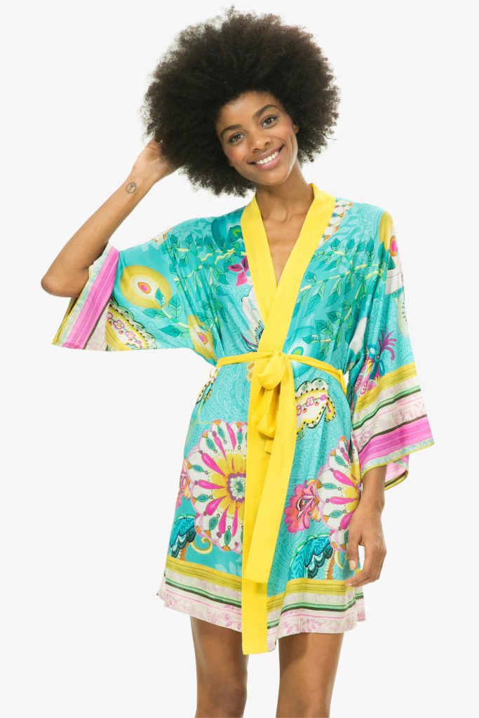 Korte kimono met bloemen turquoise met geel van Desigual-0