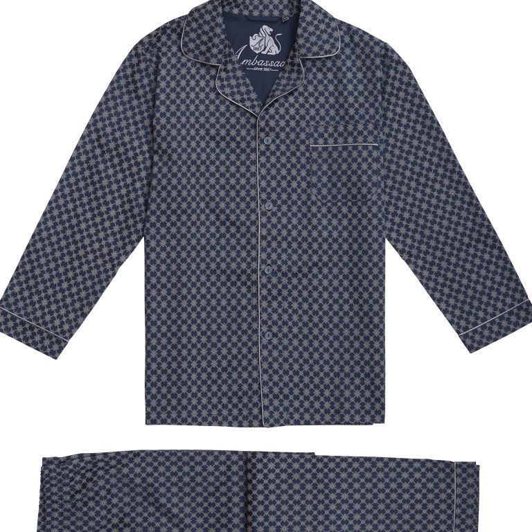 Klassieke donkerblauwe herenpyjama met zilvergrijs motief van Ambassador-0